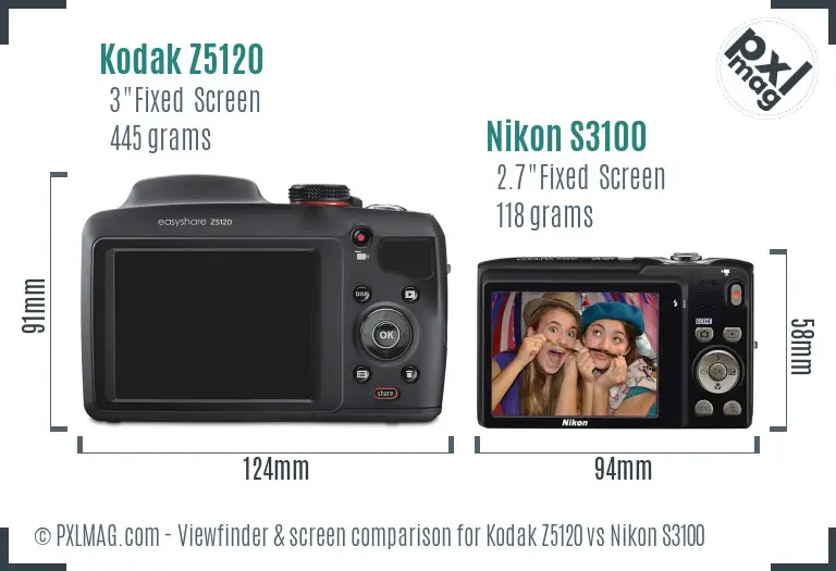 Kodak Z5120 vs Nikon S3100 Screen and Viewfinder comparison