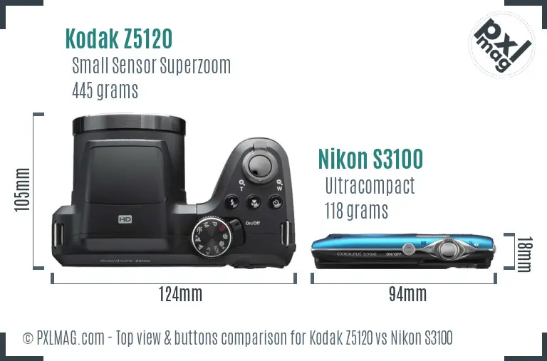 Kodak Z5120 vs Nikon S3100 top view buttons comparison