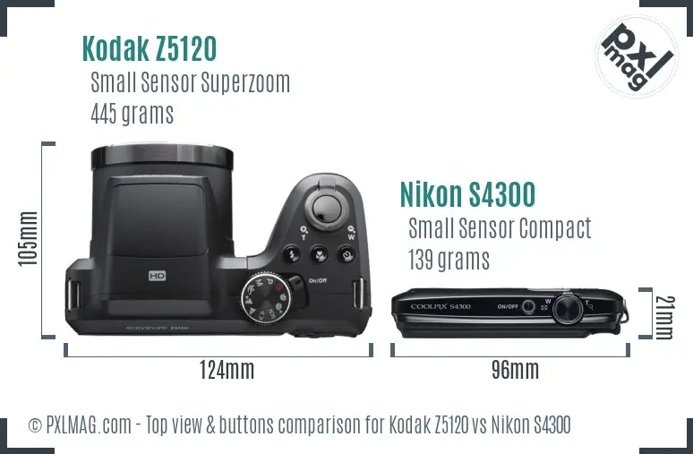 Kodak Z5120 vs Nikon S4300 top view buttons comparison