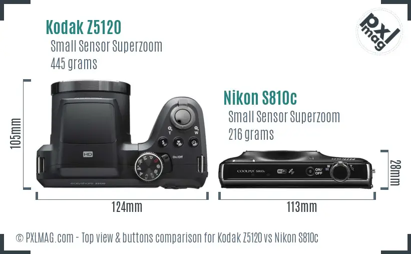 Kodak Z5120 vs Nikon S810c top view buttons comparison Kodak Z5120 vs Nikon S810c top view buttons comparison