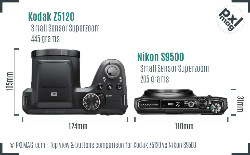 Kodak Z5120 vs Nikon S9500 top view buttons comparison