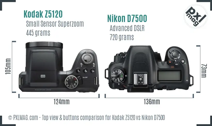 Kodak Z5120 vs Nikon D7500 top view buttons comparison