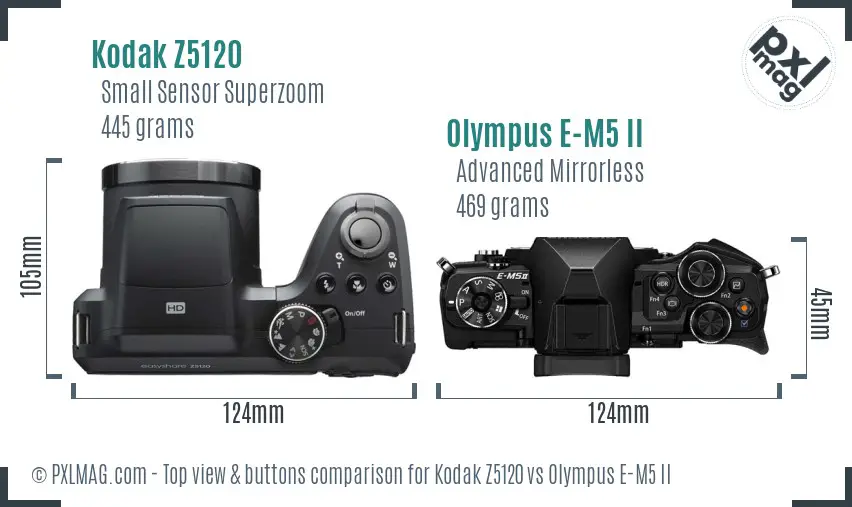 Kodak Z5120 vs Olympus E-M5 II top view buttons comparison