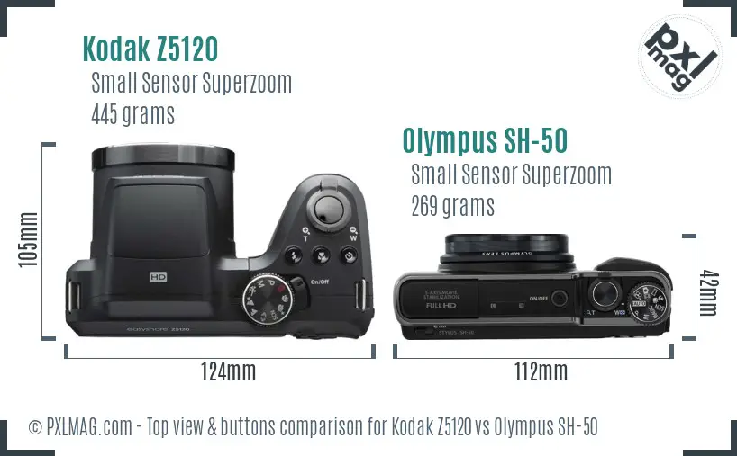 Kodak Z5120 vs Olympus SH-50 top view buttons comparison