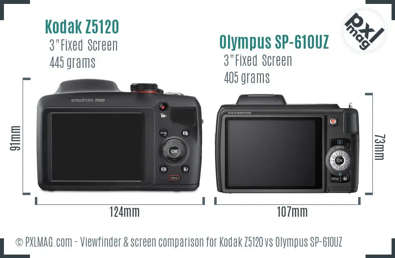 Kodak Z5120 vs Olympus SP-610UZ Screen and Viewfinder comparison