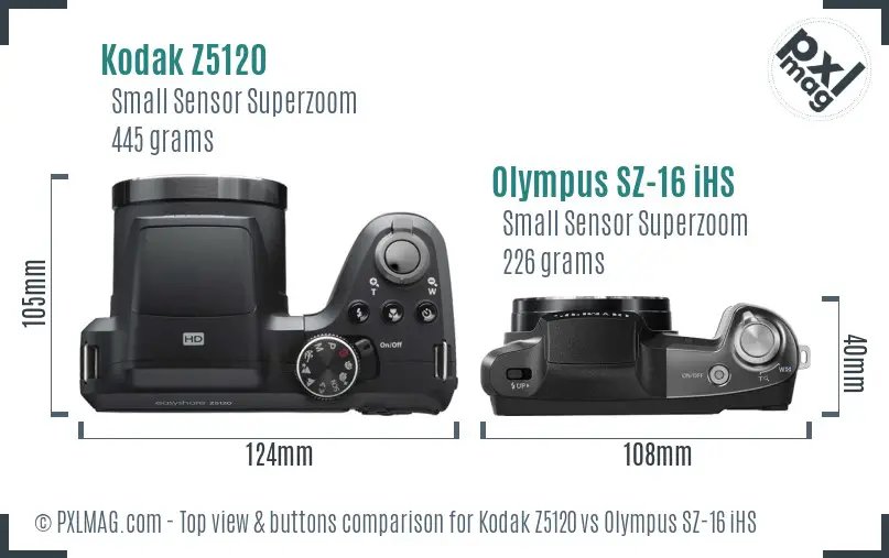 Kodak Z5120 vs Olympus SZ-16 iHS top view buttons comparison