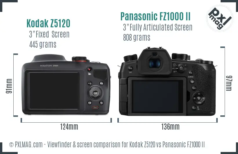 Kodak Z5120 vs Panasonic FZ1000 II Screen and Viewfinder comparison