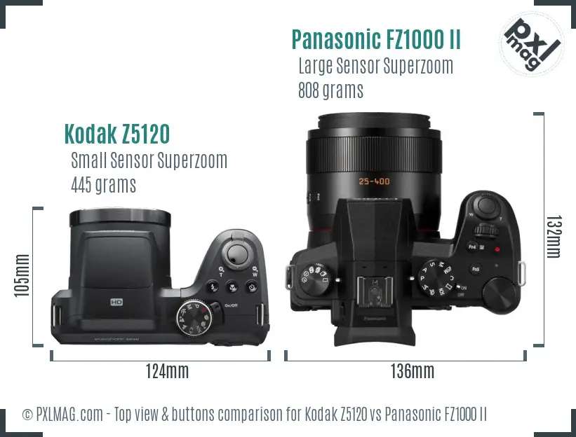 Kodak Z5120 vs Panasonic FZ1000 II top view buttons comparison