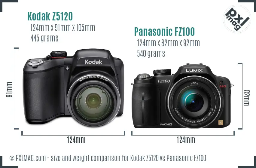 Kodak Z5120 vs Panasonic FZ100 size comparison