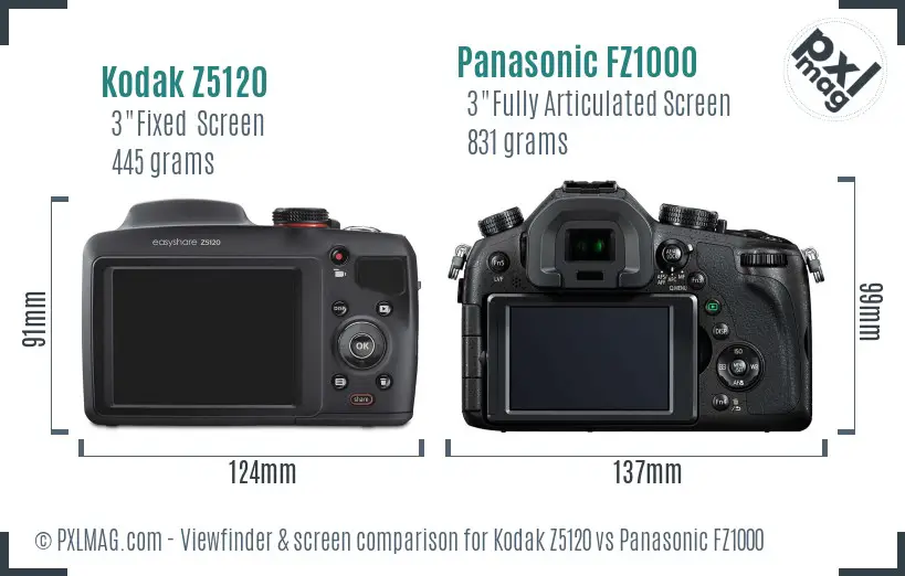Kodak Z5120 vs Panasonic FZ1000 Screen and Viewfinder comparison