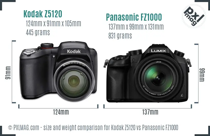 Kodak Z5120 vs Panasonic FZ1000 size comparison