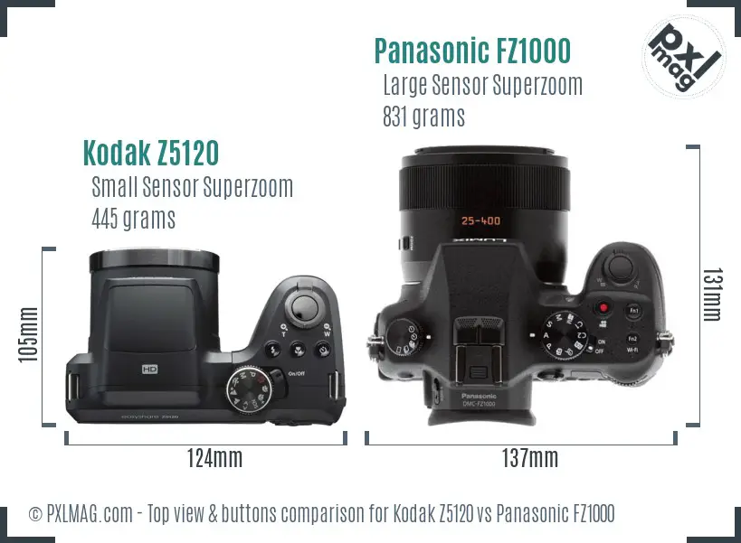 Kodak Z5120 vs Panasonic FZ1000 top view buttons comparison