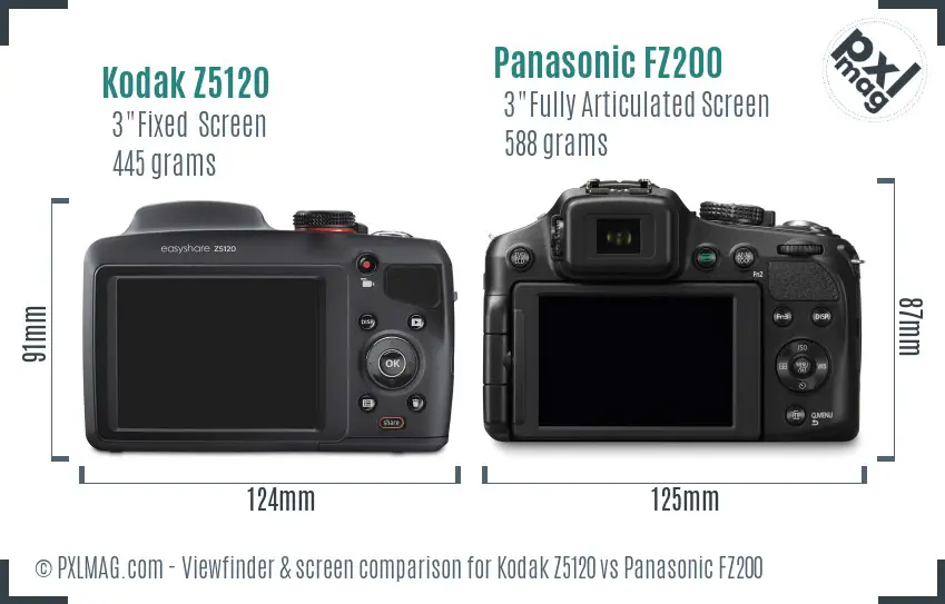 Kodak Z5120 vs Panasonic FZ200 Screen and Viewfinder comparison