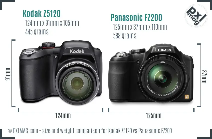 Kodak Z5120 vs Panasonic FZ200 size comparison