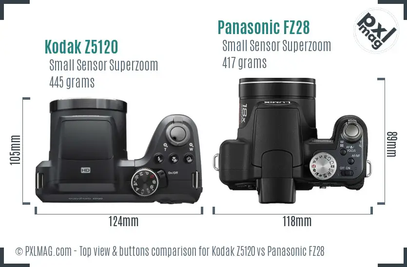 Kodak Z5120 vs Panasonic FZ28 top view buttons comparison Kodak Z5120 vs Panasonic FZ28 top view buttons comparison