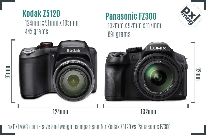 Kodak Z5120 vs Panasonic FZ300 size comparison