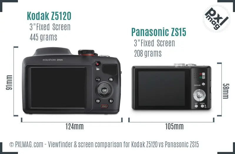 Kodak Z5120 vs Panasonic ZS15 Screen and Viewfinder comparison