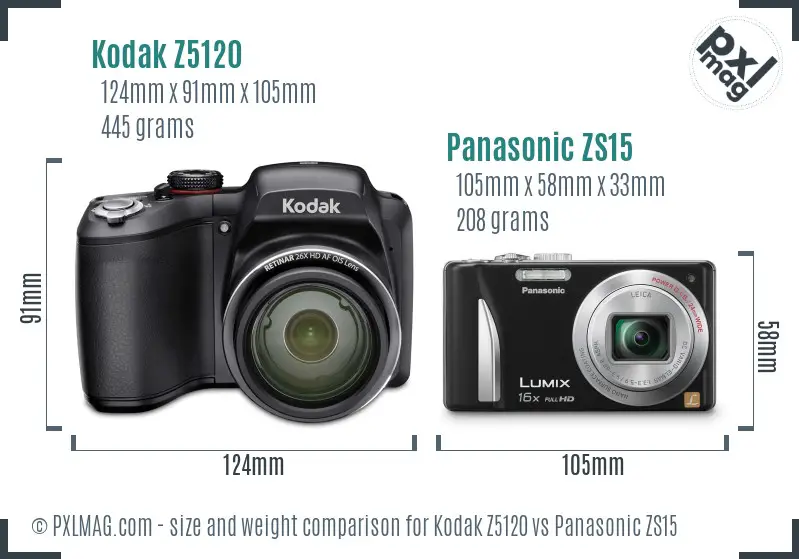 Kodak Z5120 vs Panasonic ZS15 size comparison