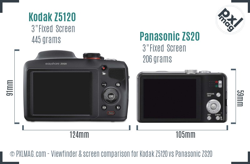 Kodak Z5120 vs Panasonic ZS20 Screen and Viewfinder comparison
