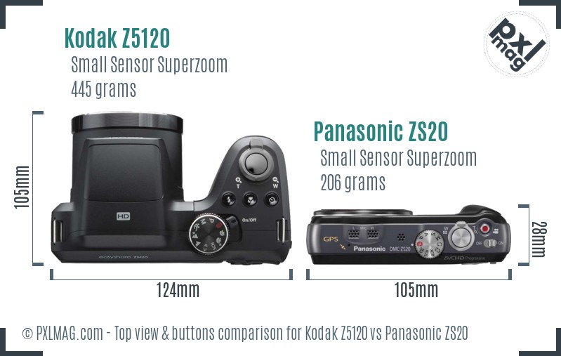 Kodak Z5120 vs Panasonic ZS20 top view buttons comparison