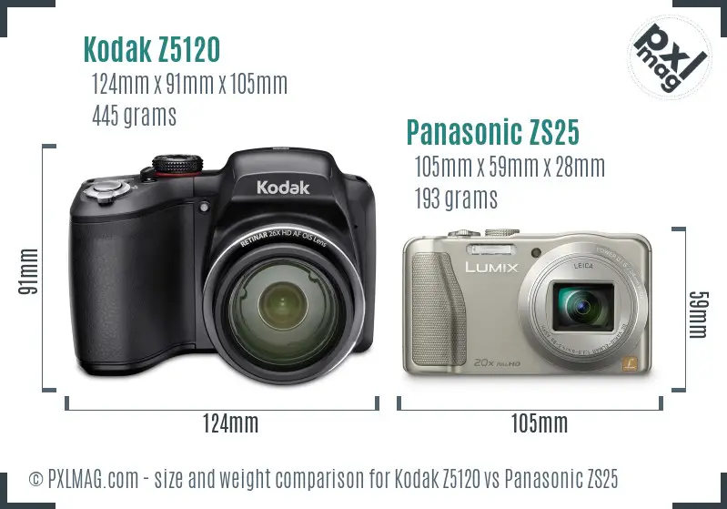 Kodak Z5120 vs Panasonic ZS25 size comparison