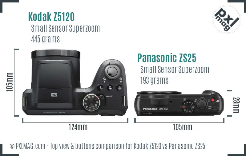 Kodak Z5120 vs Panasonic ZS25 top view buttons comparison