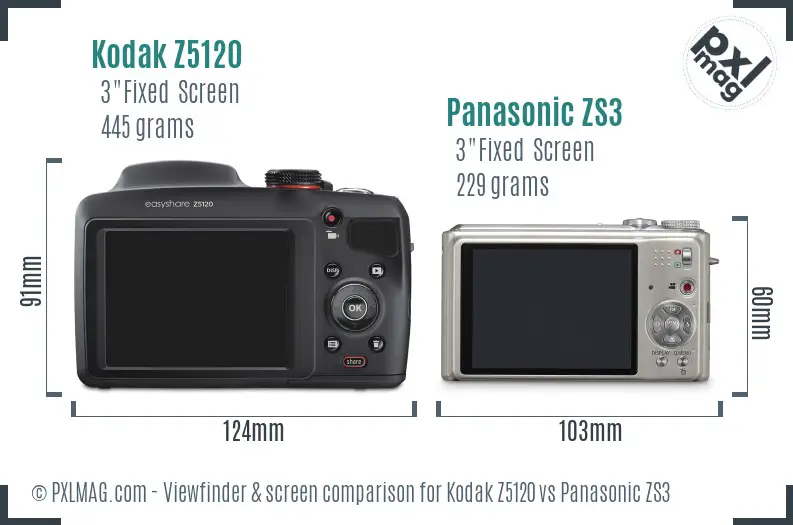 Kodak Z5120 vs Panasonic ZS3 Screen and Viewfinder comparison