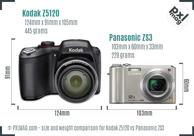 Kodak Z5120 vs Panasonic ZS3 size comparison