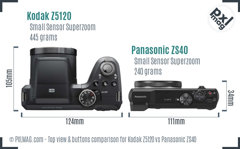 Kodak Z5120 vs Panasonic ZS40 top view buttons comparison
