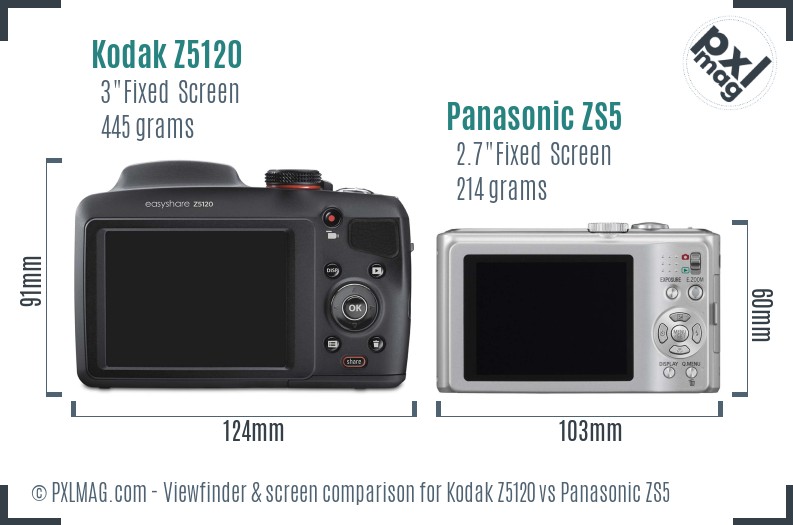 Kodak Z5120 vs Panasonic ZS5 Screen and Viewfinder comparison