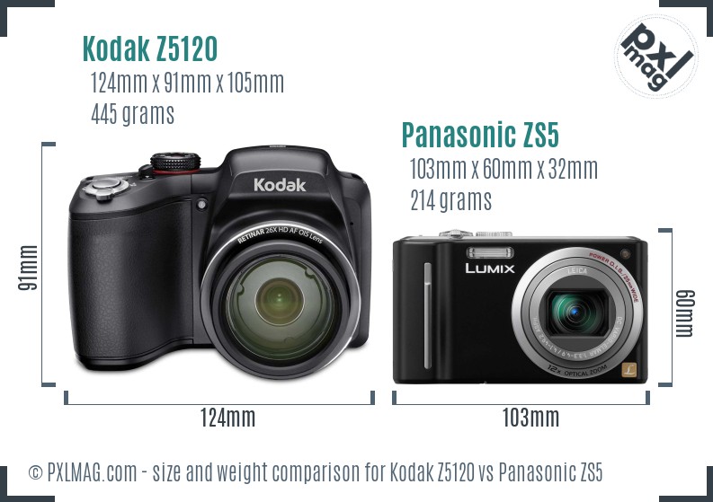 Kodak Z5120 vs Panasonic ZS5 size comparison