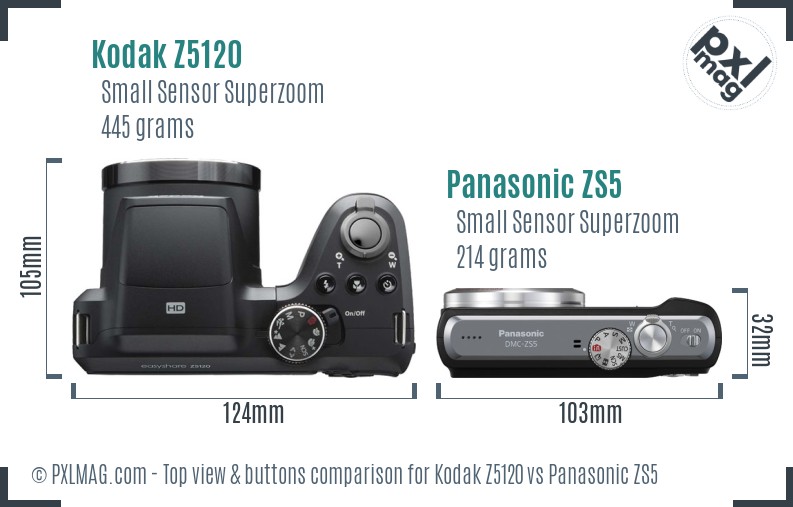 Kodak Z5120 vs Panasonic ZS5 top view buttons comparison