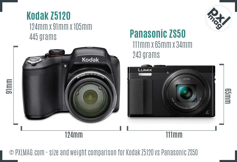 Kodak Z5120 vs Panasonic ZS50 size comparison