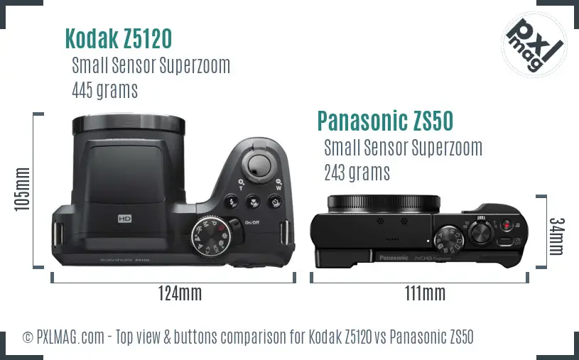 Kodak Z5120 vs Panasonic ZS50 top view buttons comparison