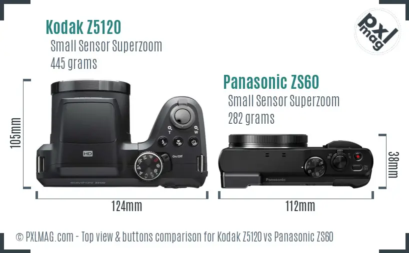 Kodak Z5120 vs Panasonic ZS60 top view buttons comparison Kodak Z5120 vs Panasonic ZS60 top view buttons comparison