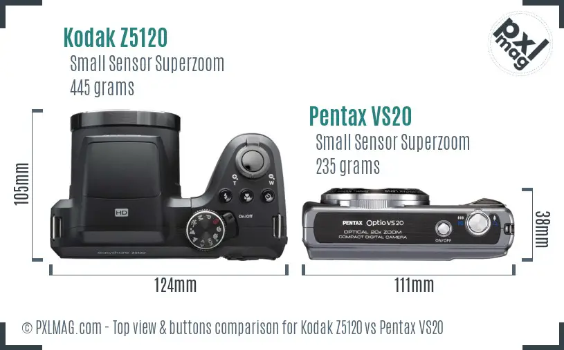 Kodak Z5120 vs Pentax VS20 top view buttons comparison Kodak Z5120 vs Pentax VS20 top view buttons comparison
