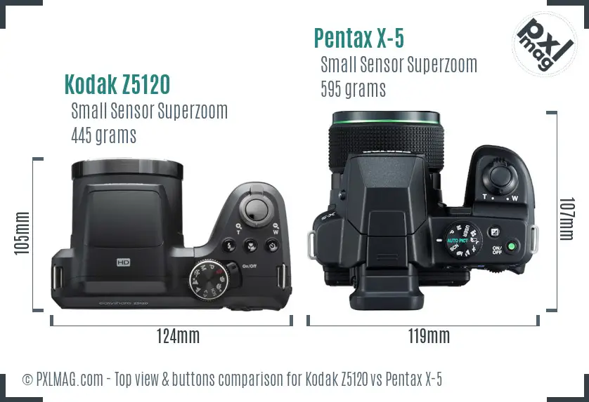Kodak Z5120 vs Pentax X-5 top view buttons comparison Kodak Z5120 vs Pentax X-5 top view buttons comparison