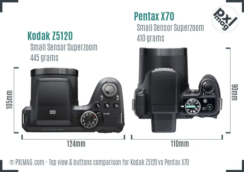 Kodak Z5120 vs Pentax X70 top view buttons comparison