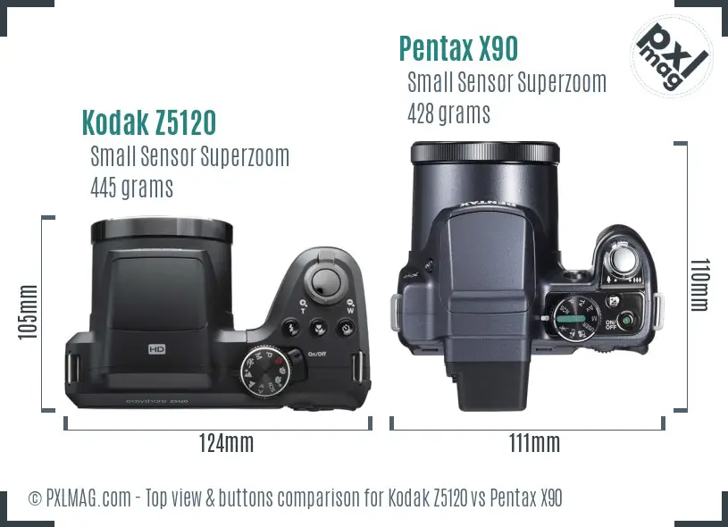 Kodak Z5120 vs Pentax X90 top view buttons comparison