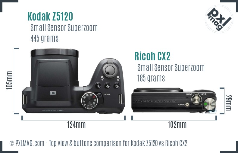 Kodak Z5120 vs Ricoh CX2 top view buttons comparison