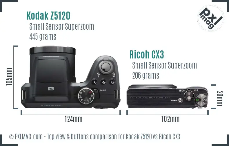 Kodak Z5120 vs Ricoh CX3 top view buttons comparison