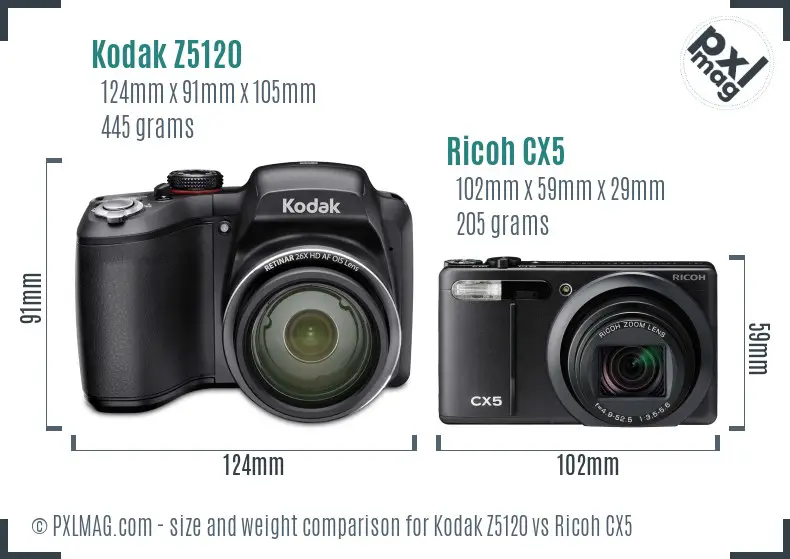 Kodak Z5120 vs Ricoh CX5 size comparison