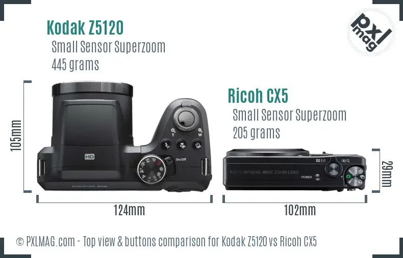 Kodak Z5120 vs Ricoh CX5 top view buttons comparison