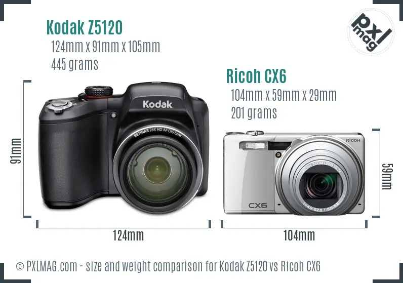 Kodak Z5120 vs Ricoh CX6 size comparison