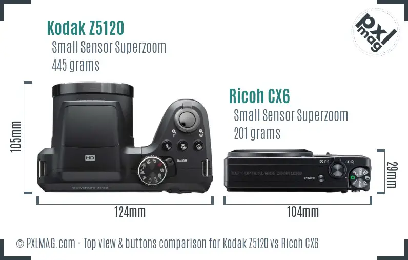 Kodak Z5120 vs Ricoh CX6 top view buttons comparison