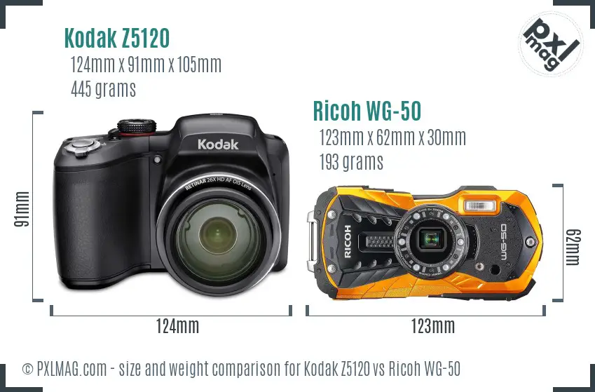 Kodak Z5120 vs Ricoh WG-50 size comparison