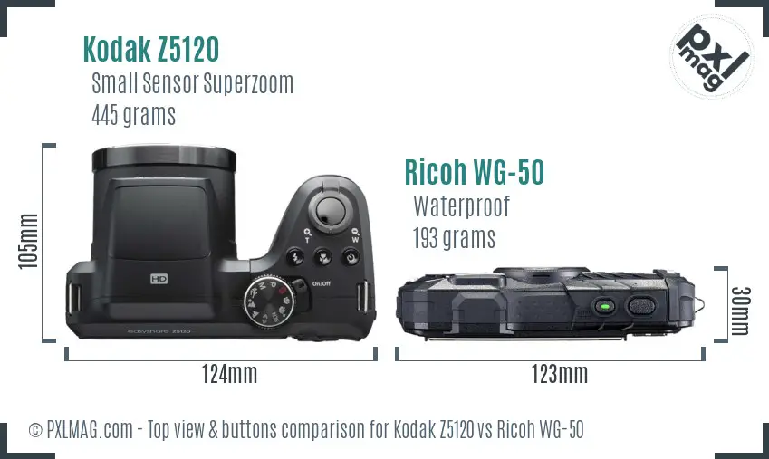 Kodak Z5120 vs Ricoh WG-50 top view buttons comparison