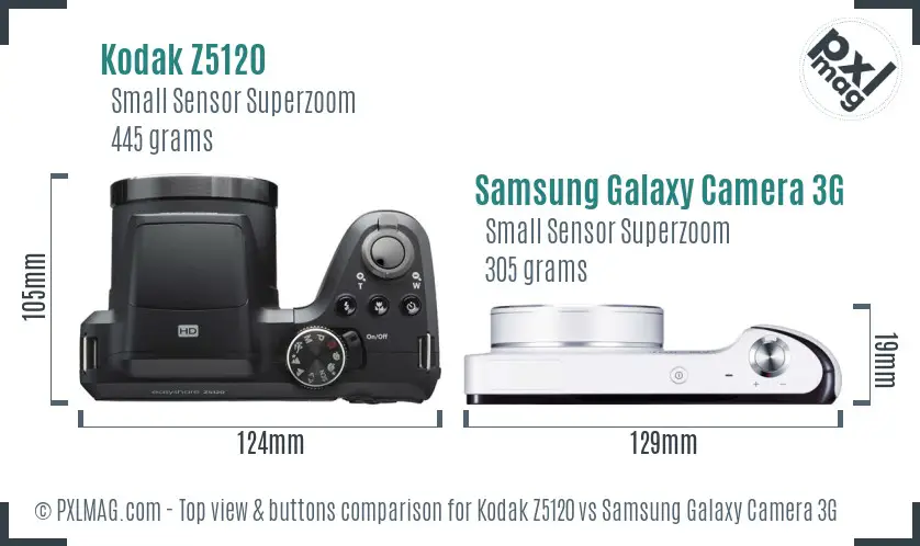 Kodak Z5120 vs Samsung Galaxy Camera 3G top view buttons comparison