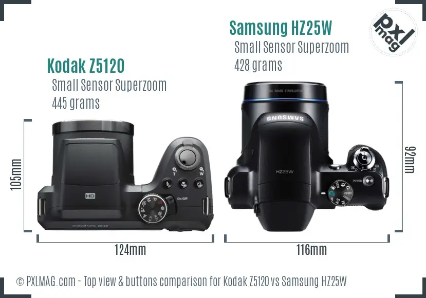 Kodak Z5120 vs Samsung HZ25W top view buttons comparison Kodak Z5120 vs Samsung HZ25W top view buttons comparison
