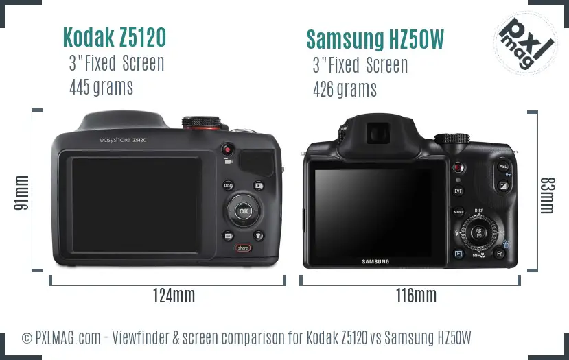 Kodak Z5120 vs Samsung HZ50W Screen and Viewfinder comparison